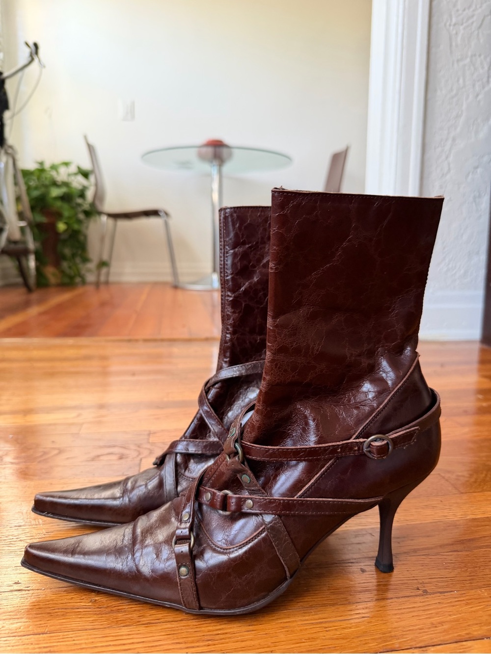 Women's Brown Leather Pointed-Toe Mid-Calf Heeled Boots